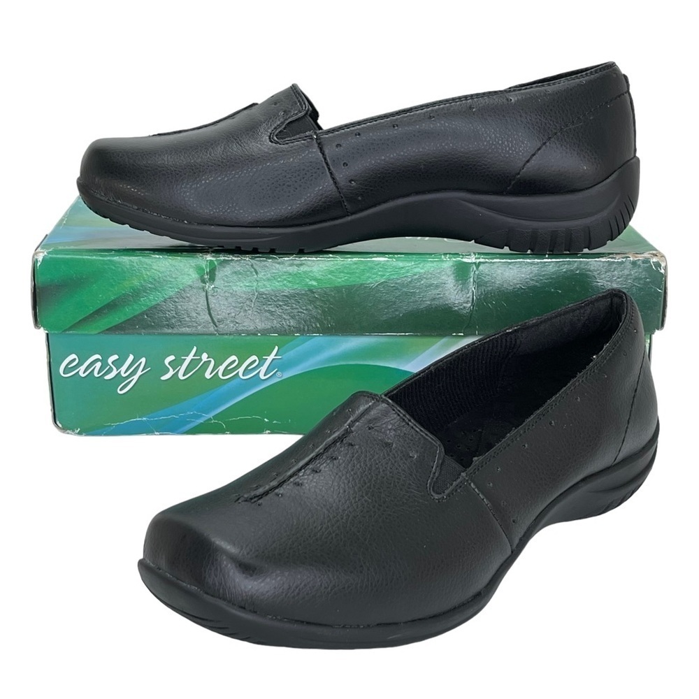 Easy Street Womens Loafer 10XW Purpose Black Faux Leather Slip On Comfort